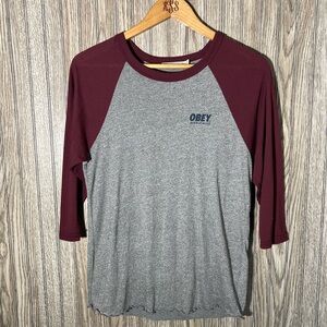 OBEY Heather Grey Burgundy Red 3/4 Sleeve Baseball T-Shirt Top